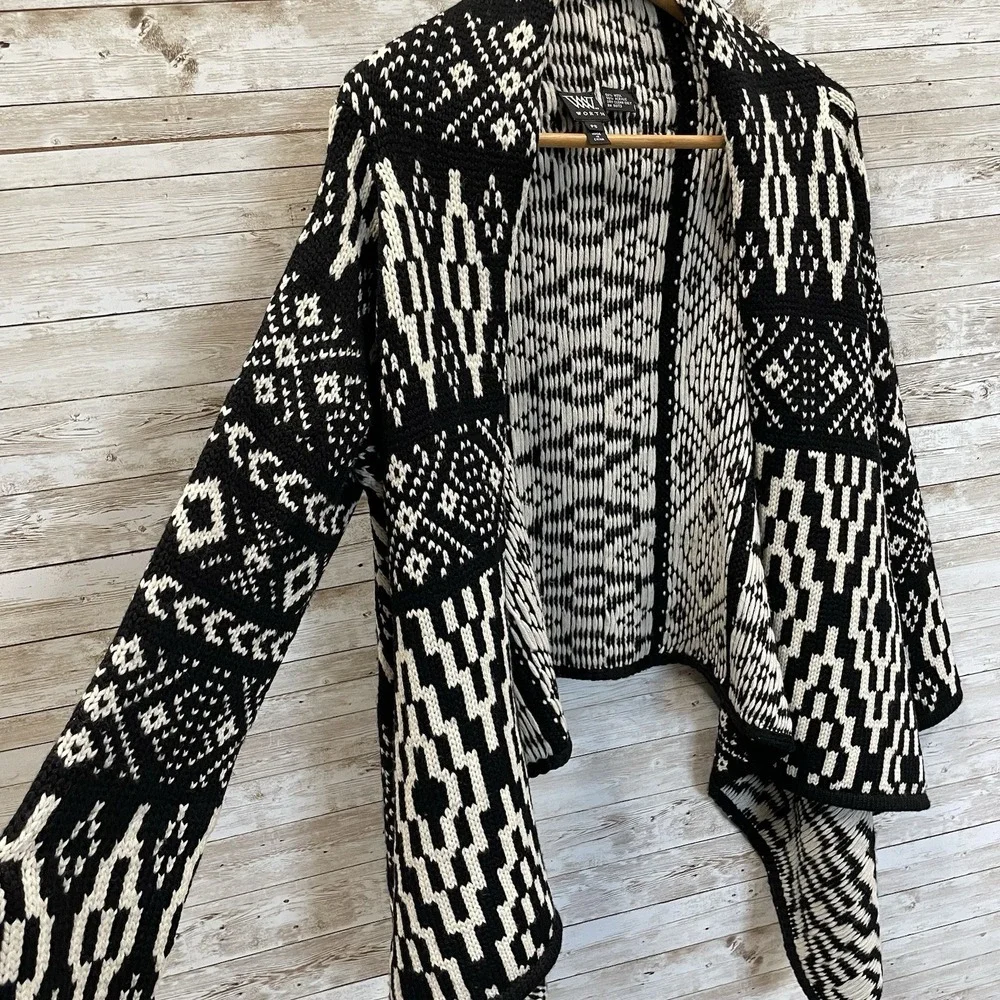 W by Worth Womens PS Cardigan Sweater Wool Blend Open‎ Front Aztec Black & White